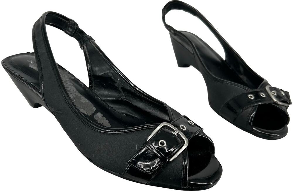 Vintage y2k Women's Black Carmen Buckle Peep Toe Slingback Kitten Heel Pumps 9M